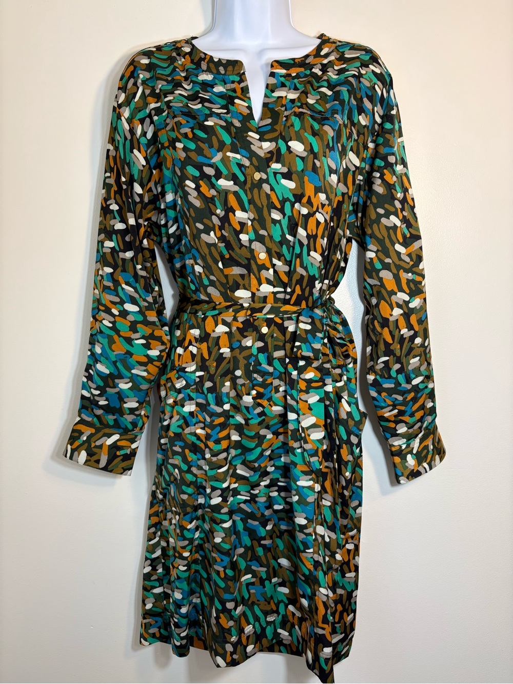 Kenneth Cole Belted Shirt Dress Abstract Print Green Blue Large